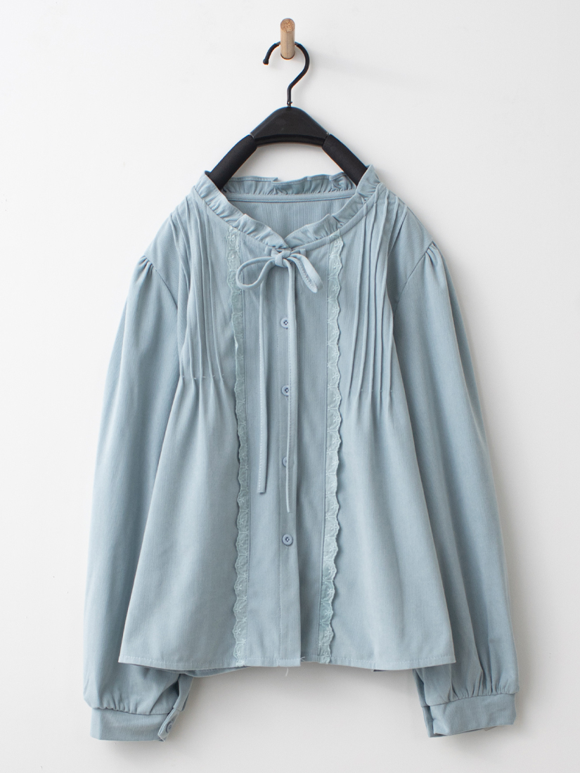 棉蕾絲織帶荷葉小立領綁帶蓬袖條絨上衣