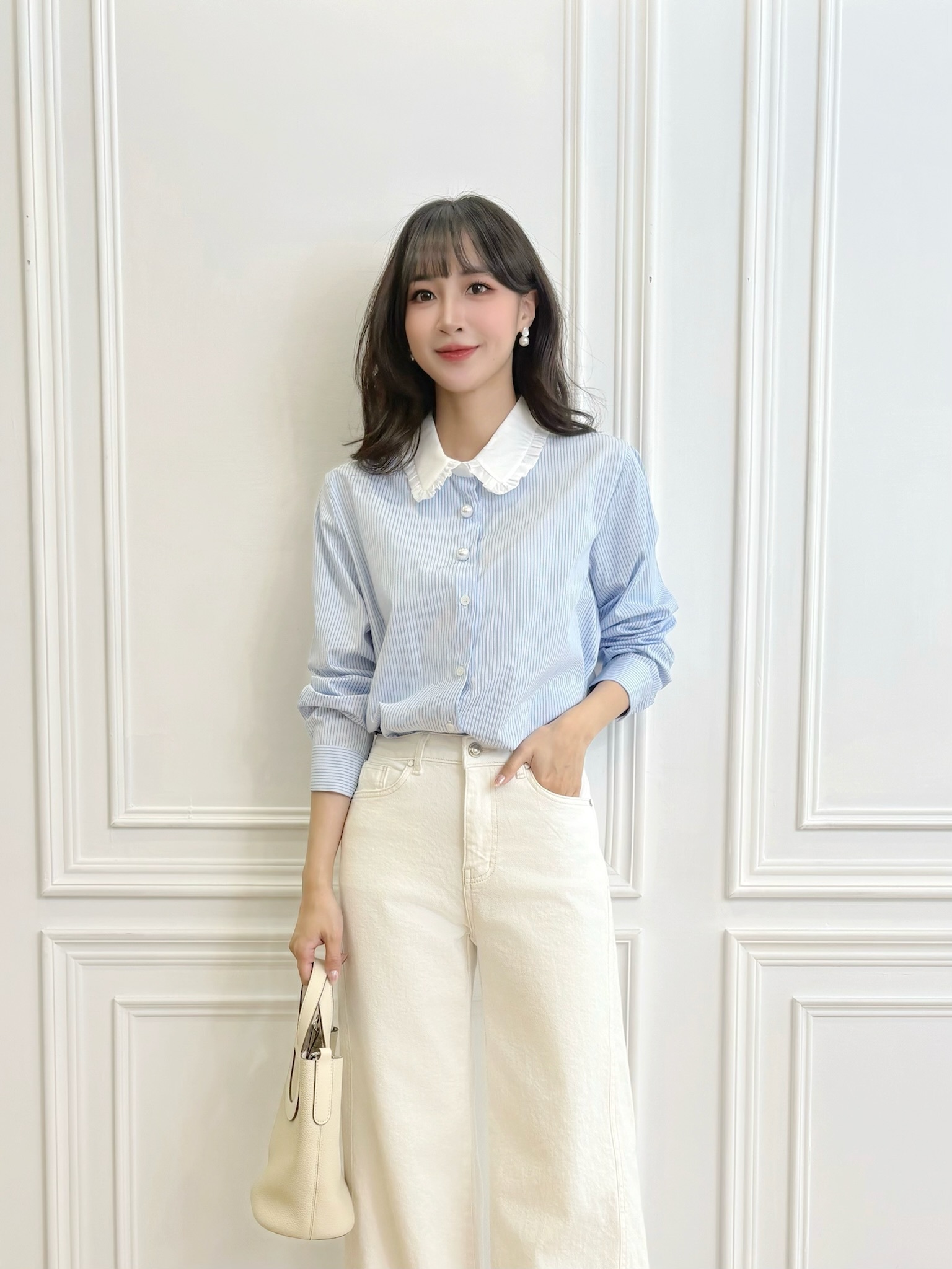 荷葉領珍珠釦線條襯衫