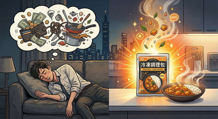 疲憊男子夢想著金錢與料理，冷凍調理包帶來希望。