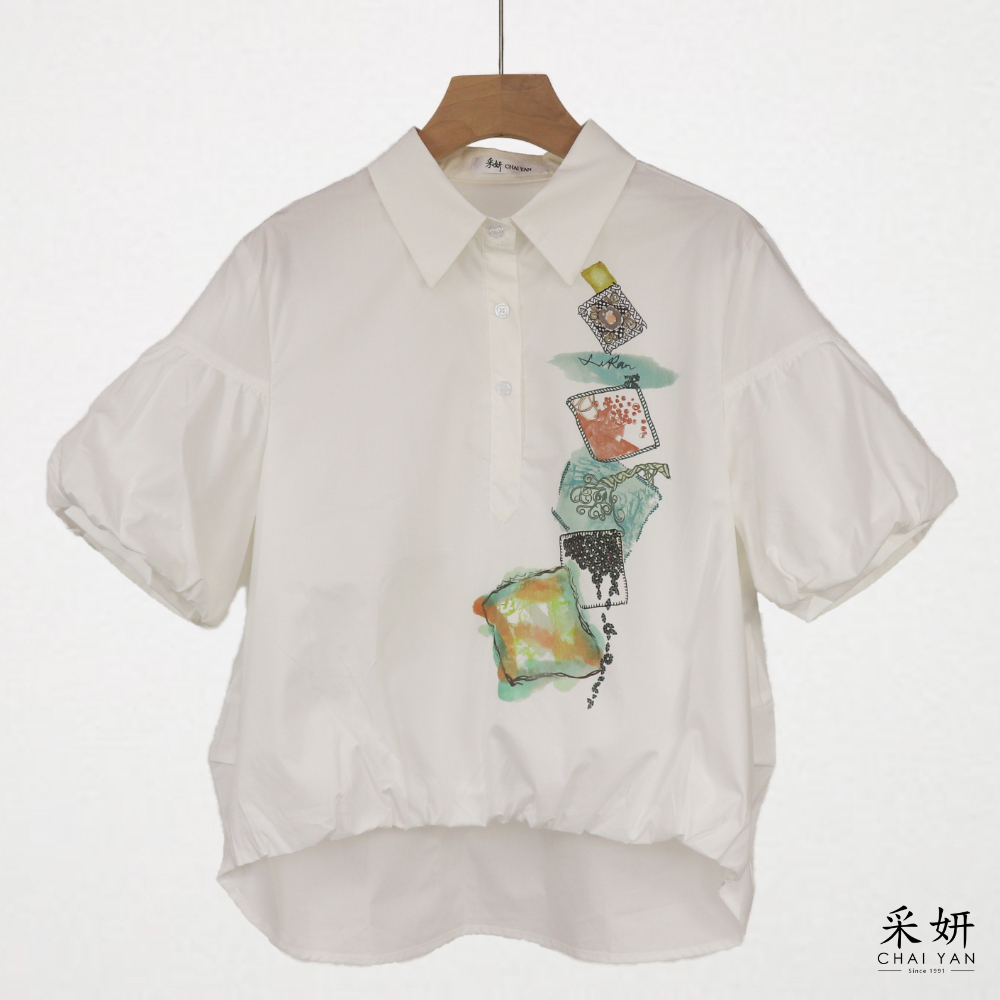 水彩感混紡泡泡袖襯衫