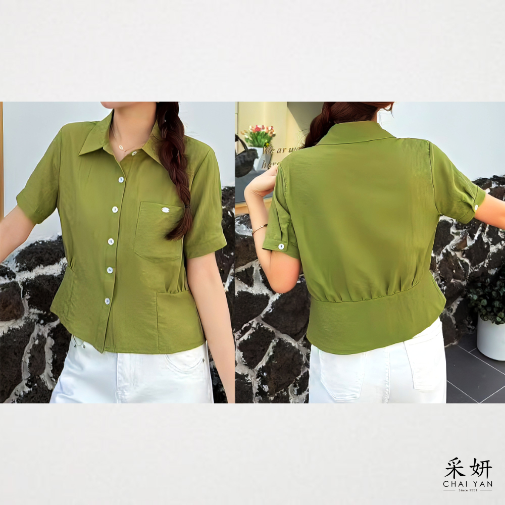 裙邊短版亞麻短袖襯衫