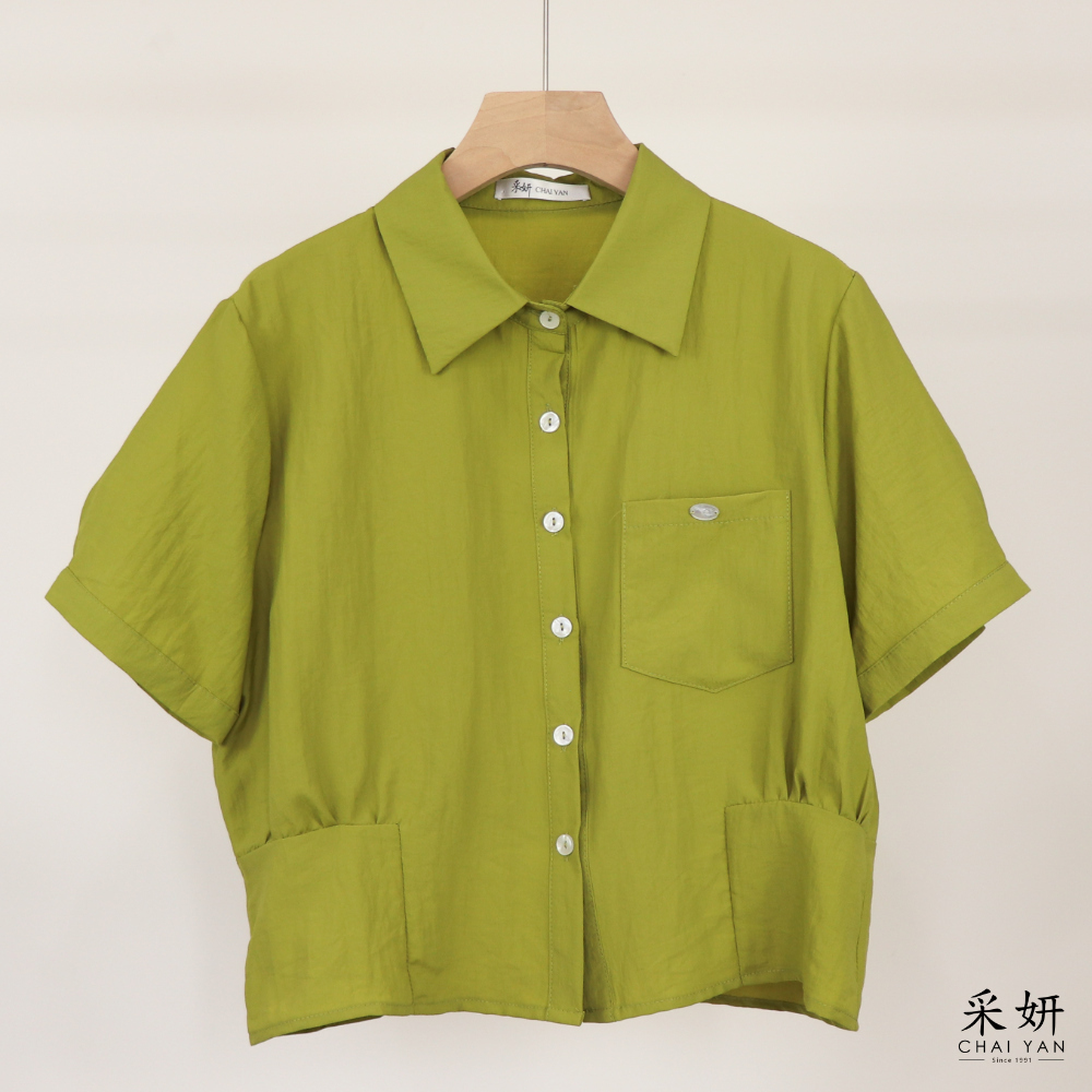 裙邊短版亞麻短袖襯衫