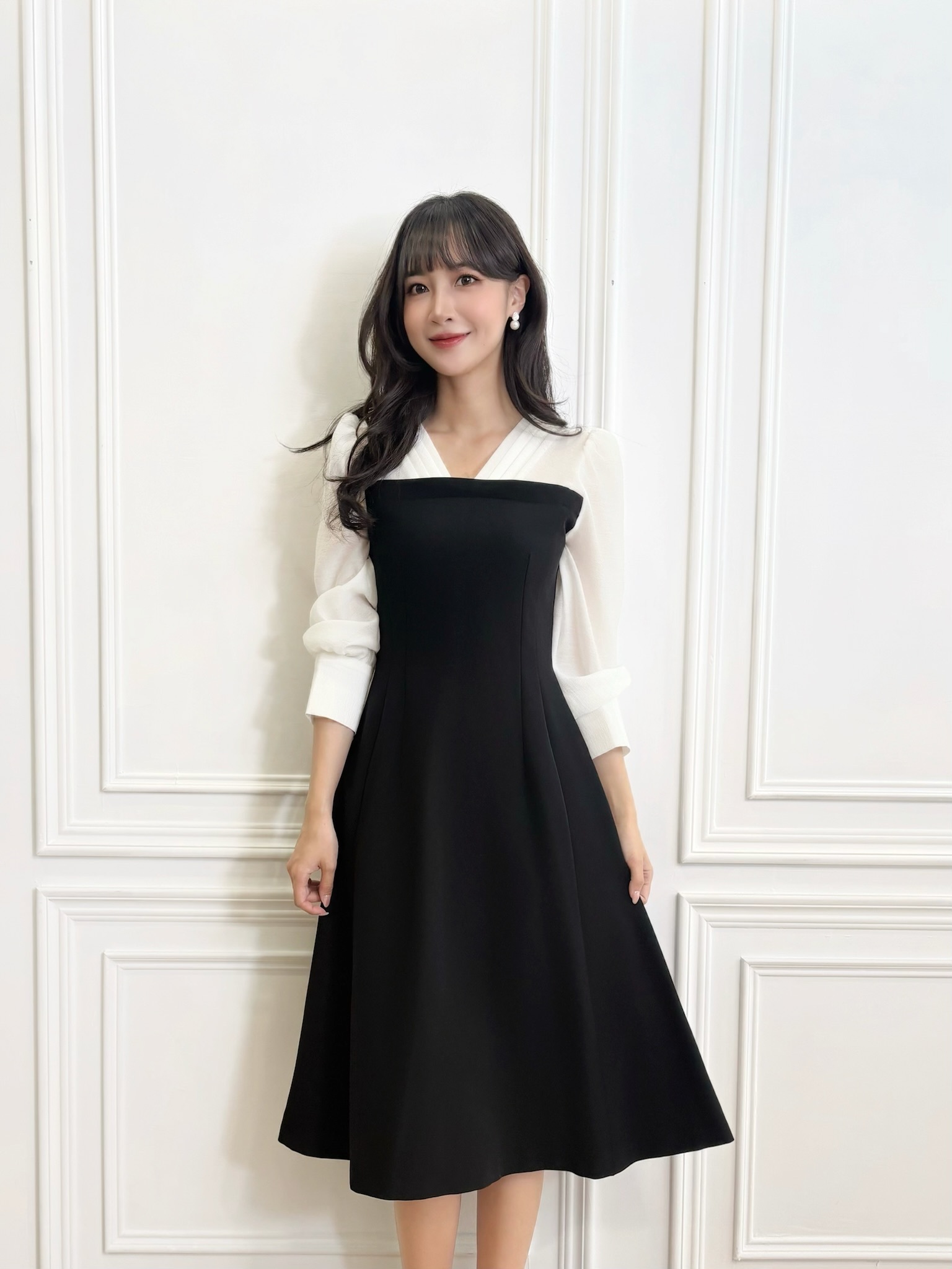 拼接感V領抓摺魚尾洋