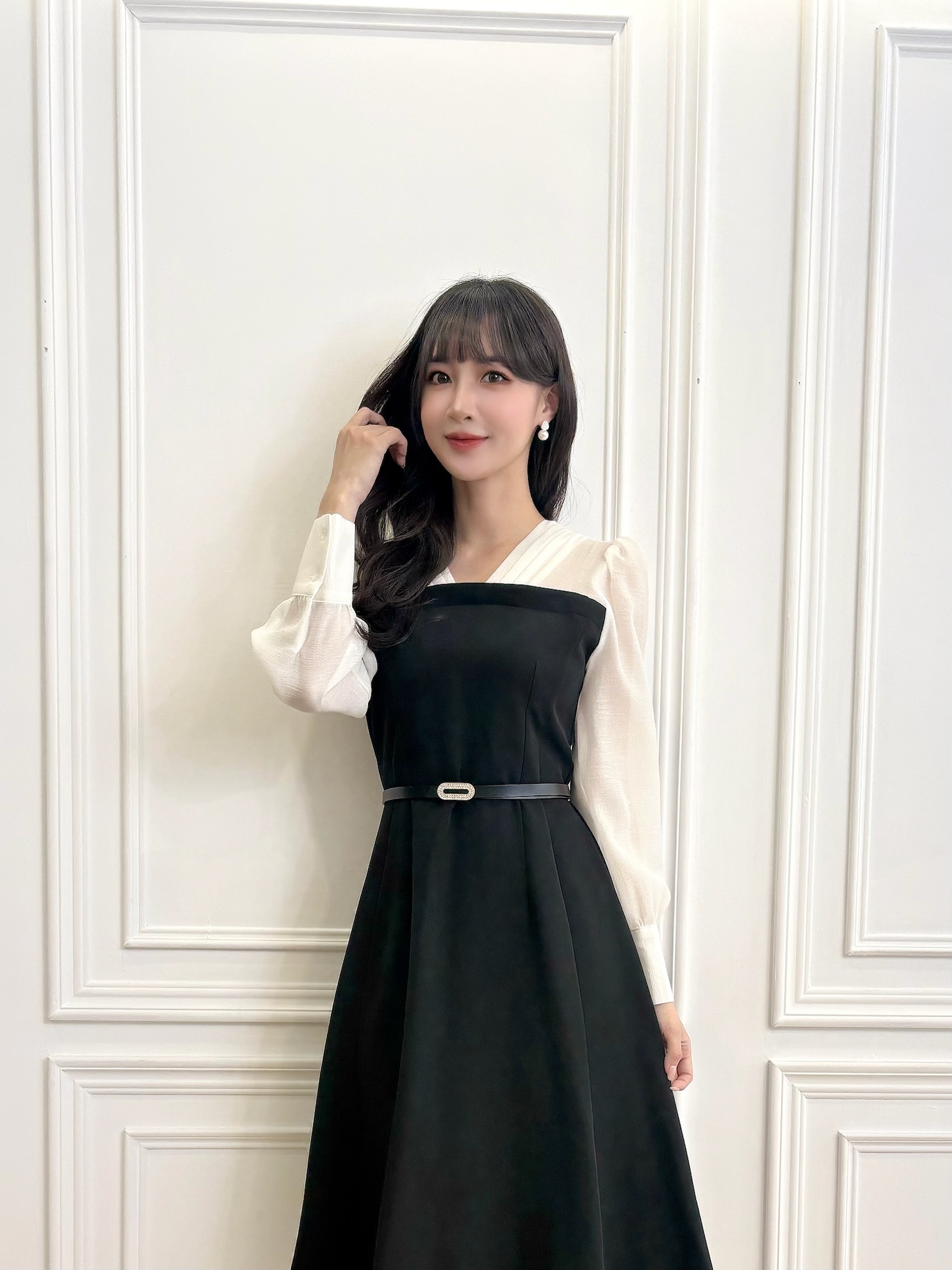 高雅拼接感V領傘洋