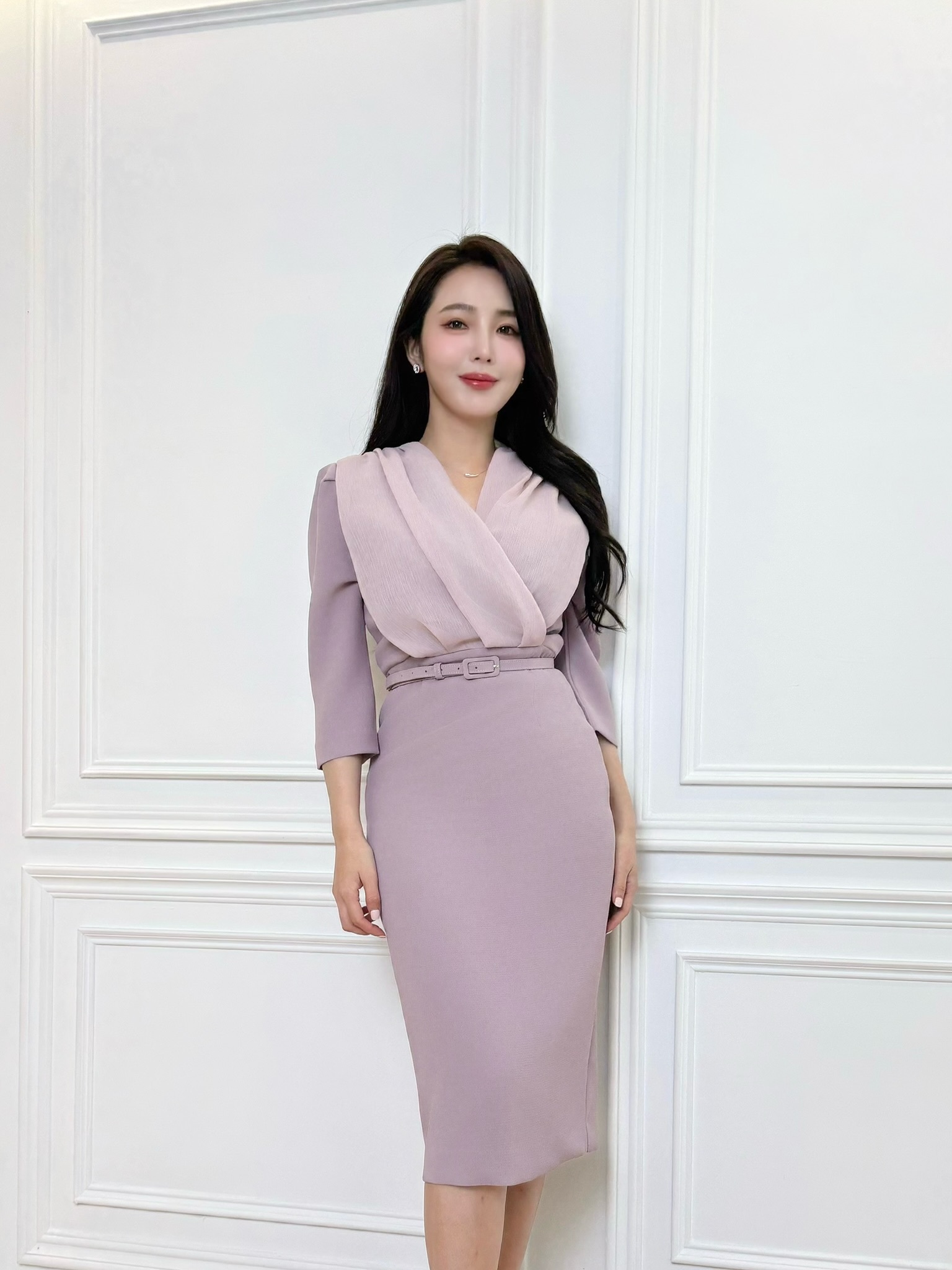 絕美V領抓摺透紗洋裝