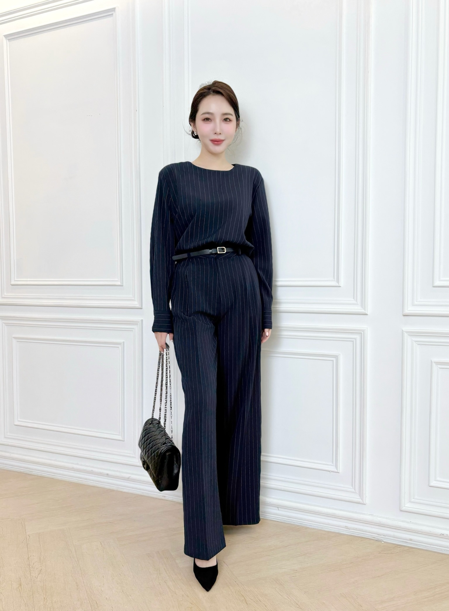 率性直條紋腰帶寬褲套裝