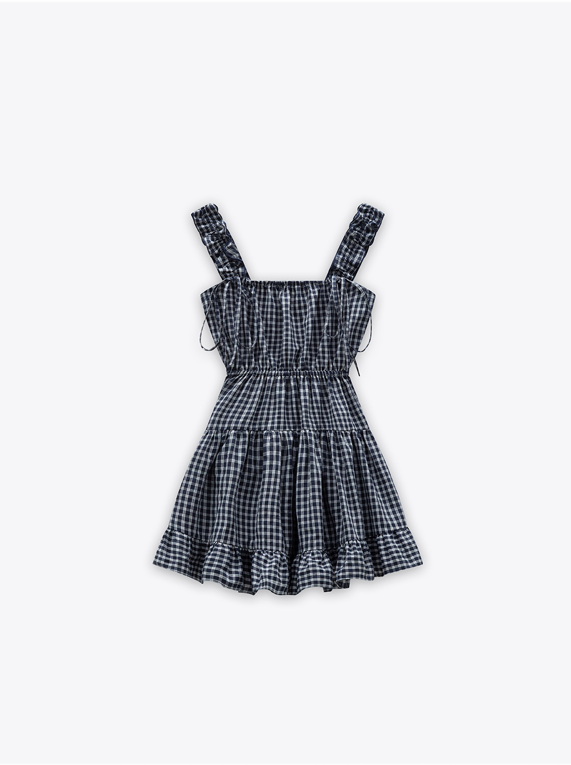 格紋吊帶荷葉無袖洋裝-深藍
