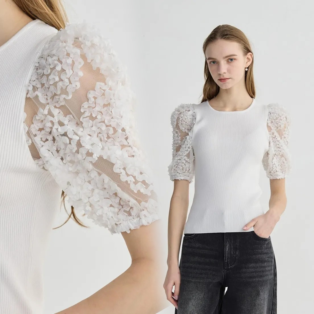 立體花朵蕾絲澎澎袖圓領上衣-F / 3色 (Elegant & Love)