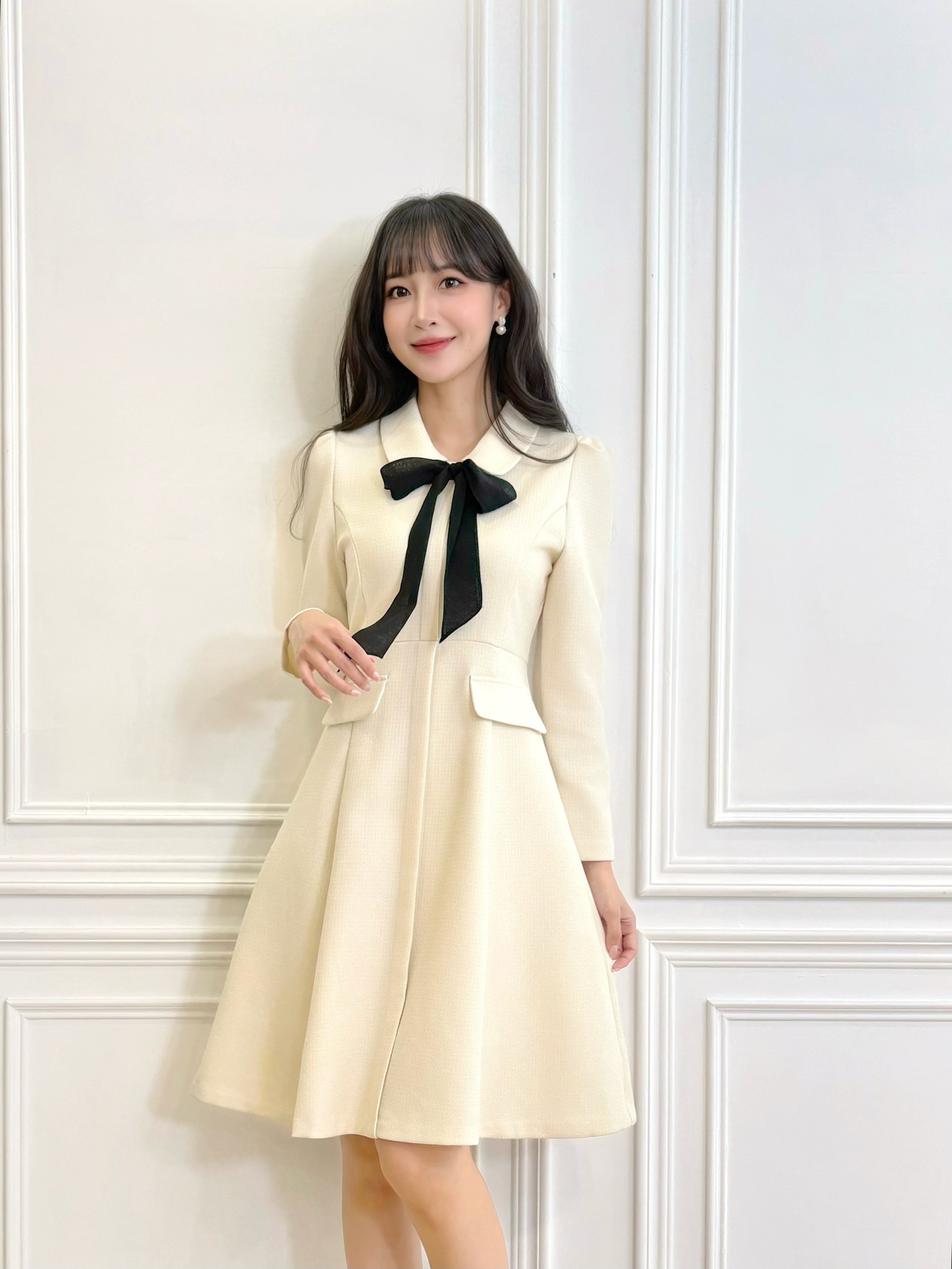 撞色領間綁帶織紋傘洋