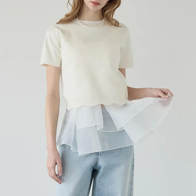 可拆式歐根紗澎澎裙擺圓領針織上衣-F / 3色 (Elegant & Love)