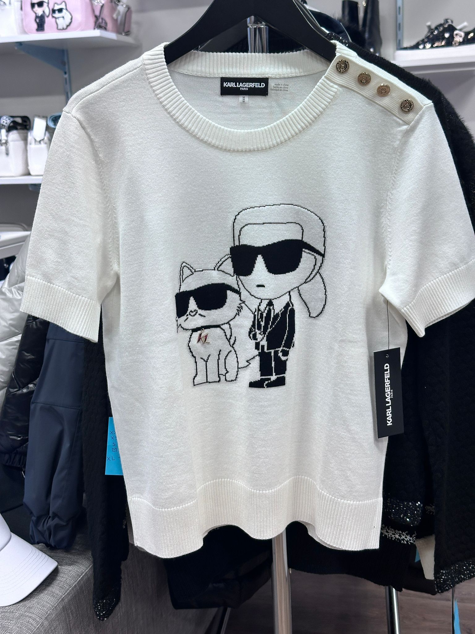 RT39 KL 老佛爺貓貓 白色短袖針織衫 Short Sleeve Duo Sweater