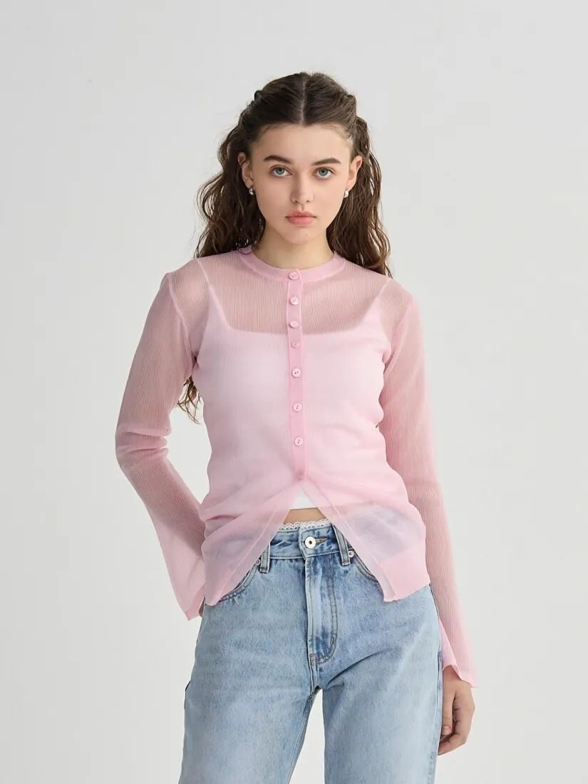 透膚涼感圓領排釦上衣罩衫外套-F / 3色 (Elegant & Love)