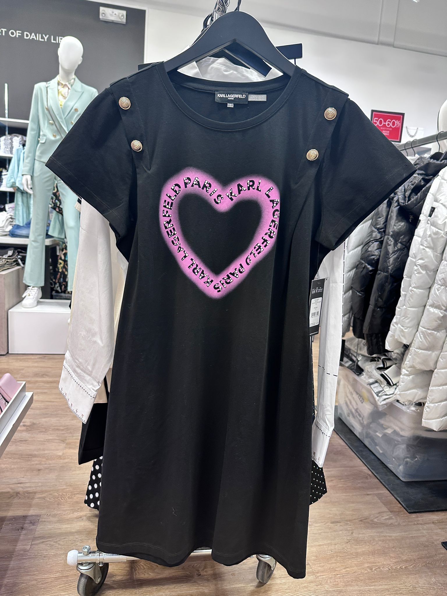 RT41 KL 粉紅色心心 黑色T恤裙 Pearl Heart T-Shirt Dress