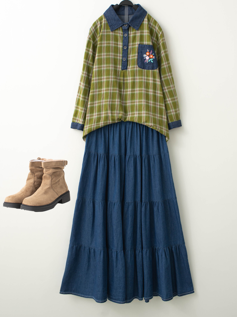 格紋牛仔布七分袖上衣蛋糕薄棉牛仔裙組合