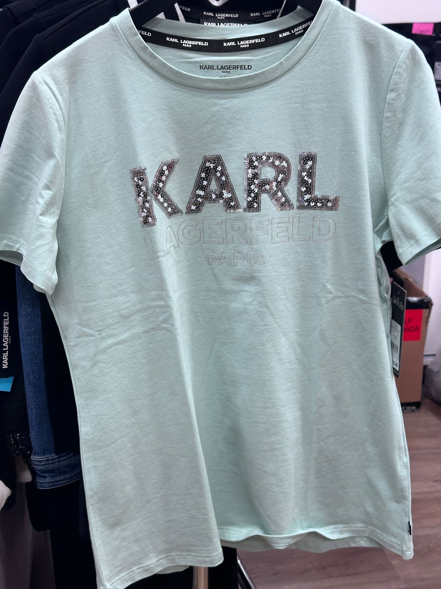 RT42 KL 白色花花珠片logo 薄荷綠色短袖衫 Sequin Karl Logo Tee