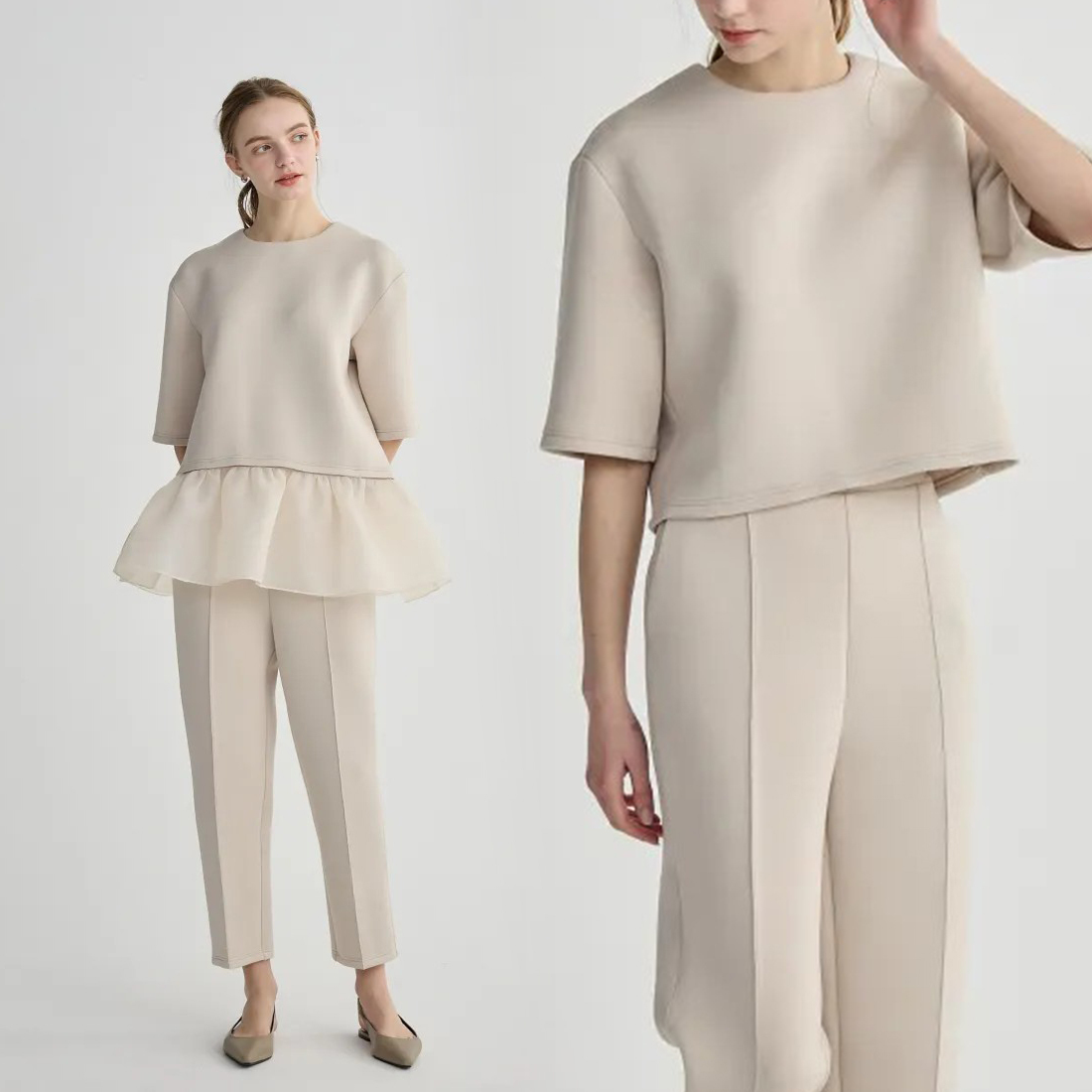 可拆式澎澎歐根紗裙擺圓領上衣+長褲SET-S-M / 2色 (Elegant & Love)