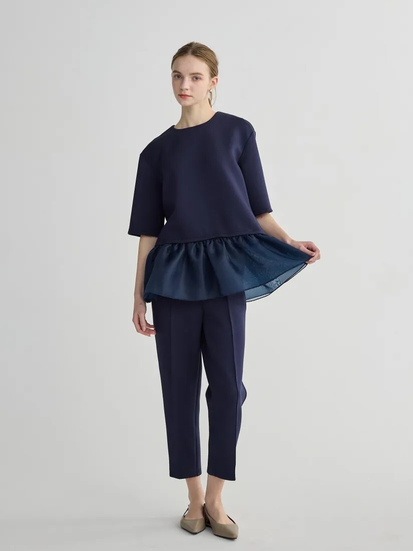 可拆式澎澎歐根紗裙擺圓領上衣+長褲SET-S-M / 2色 (Elegant & Love)