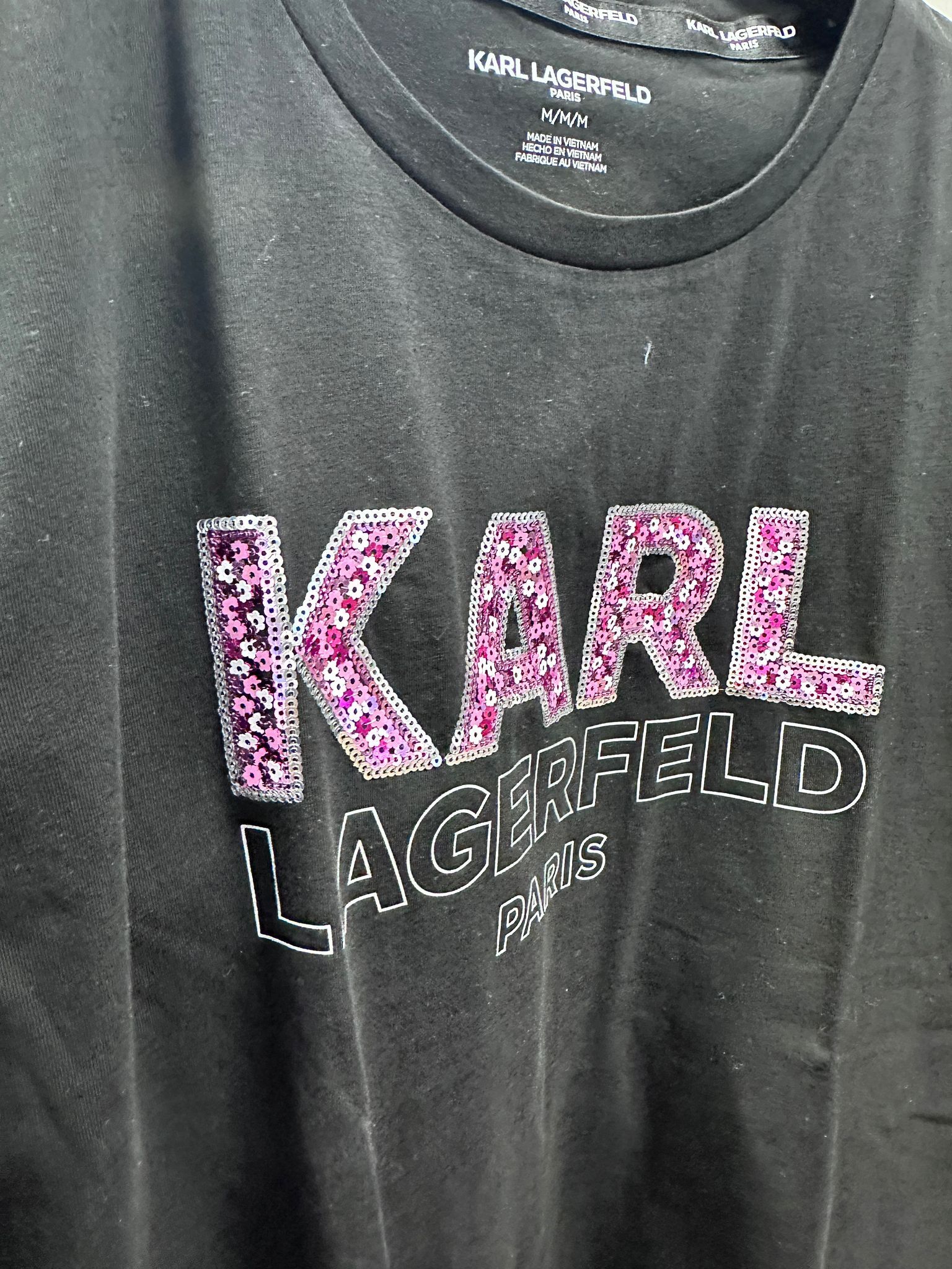 RT43 KL 粉紅色花花珠片logo 黑色短袖衫 Sequin Karl Logo Tee