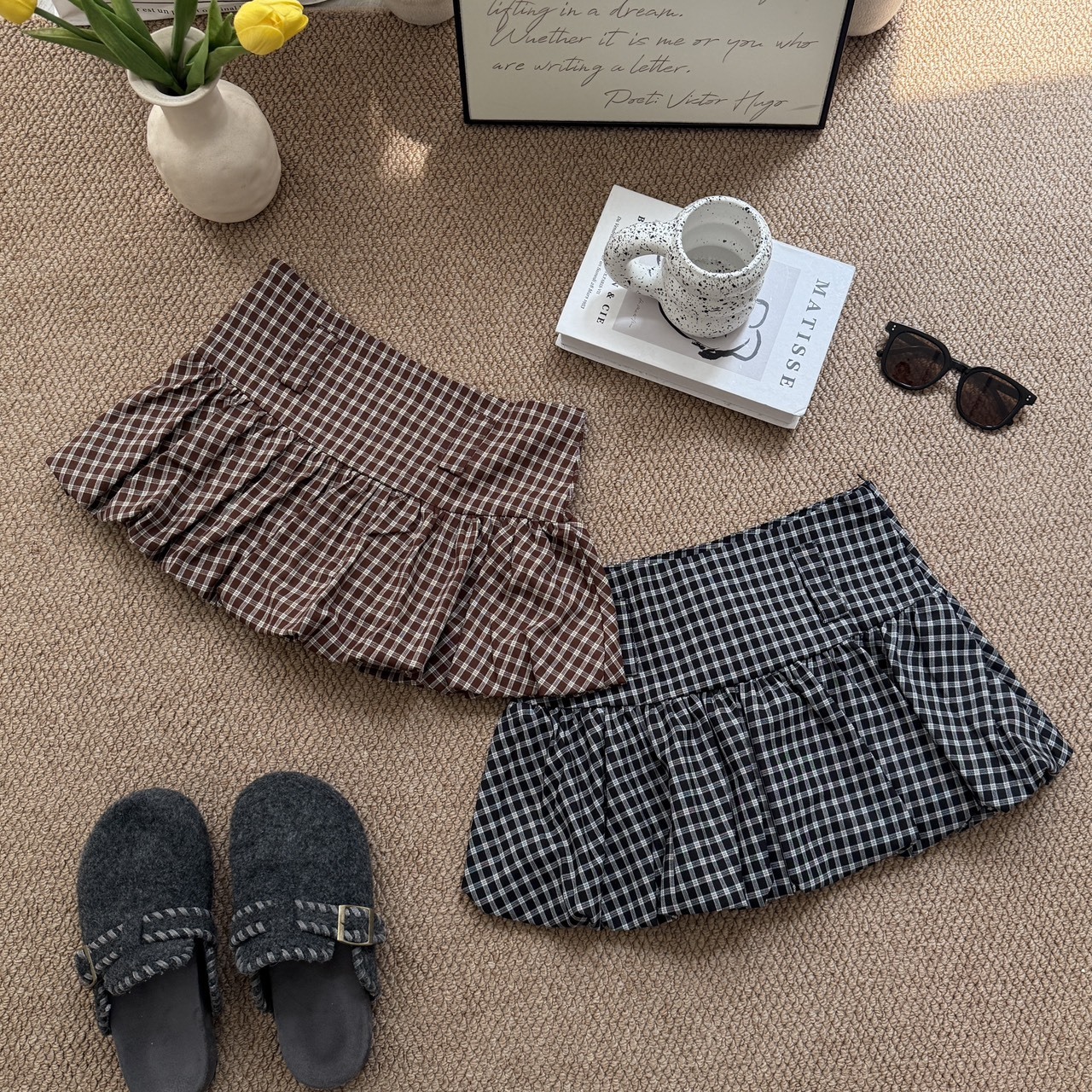 3021  附皮帶小復古格子短裙 (R)