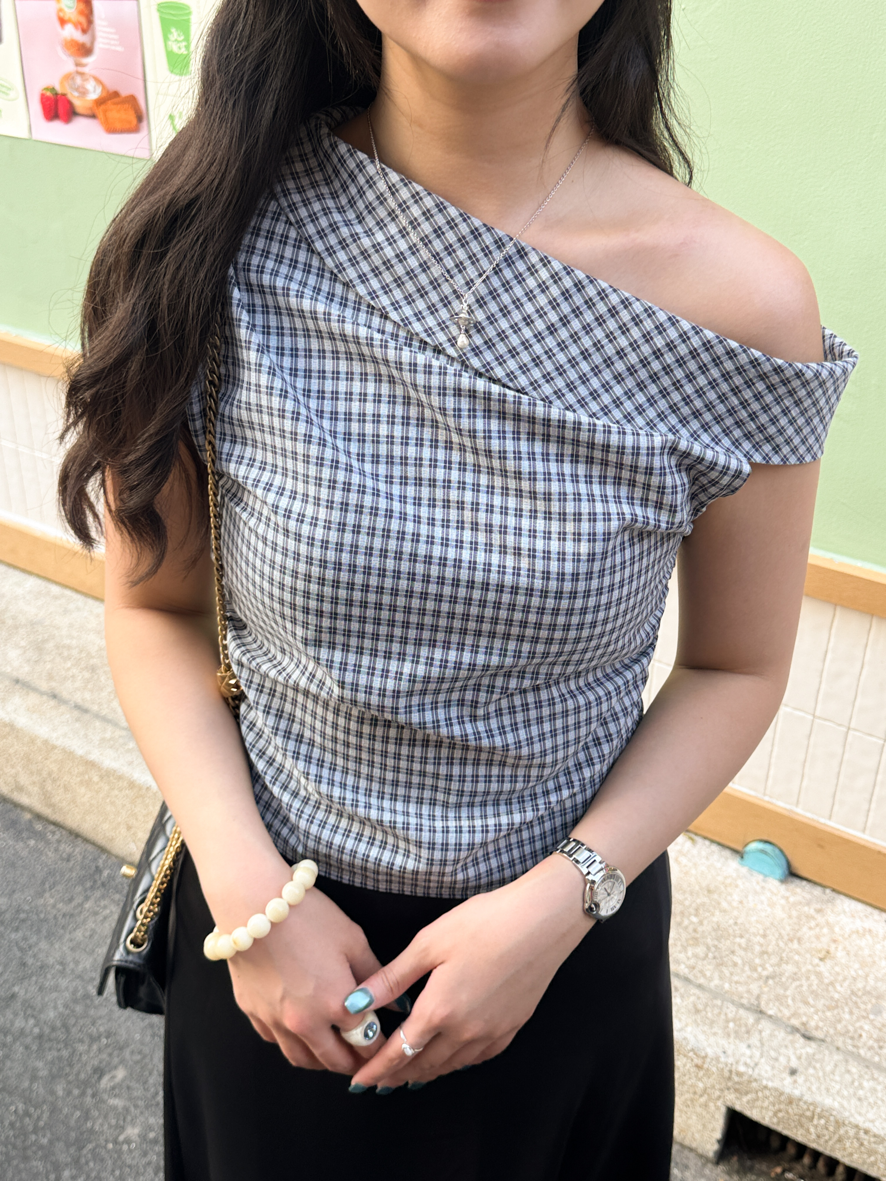 復古格紋斜肩TOP