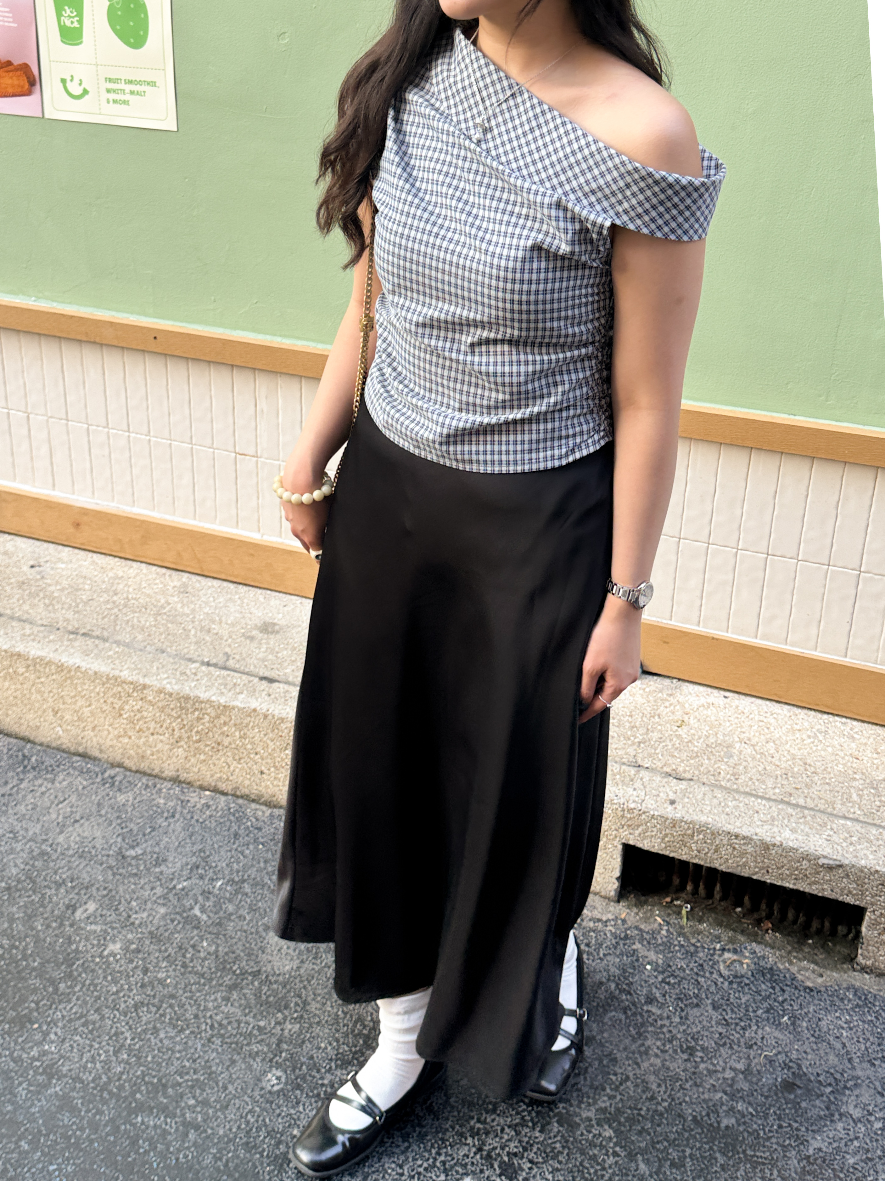 復古格紋斜肩TOP