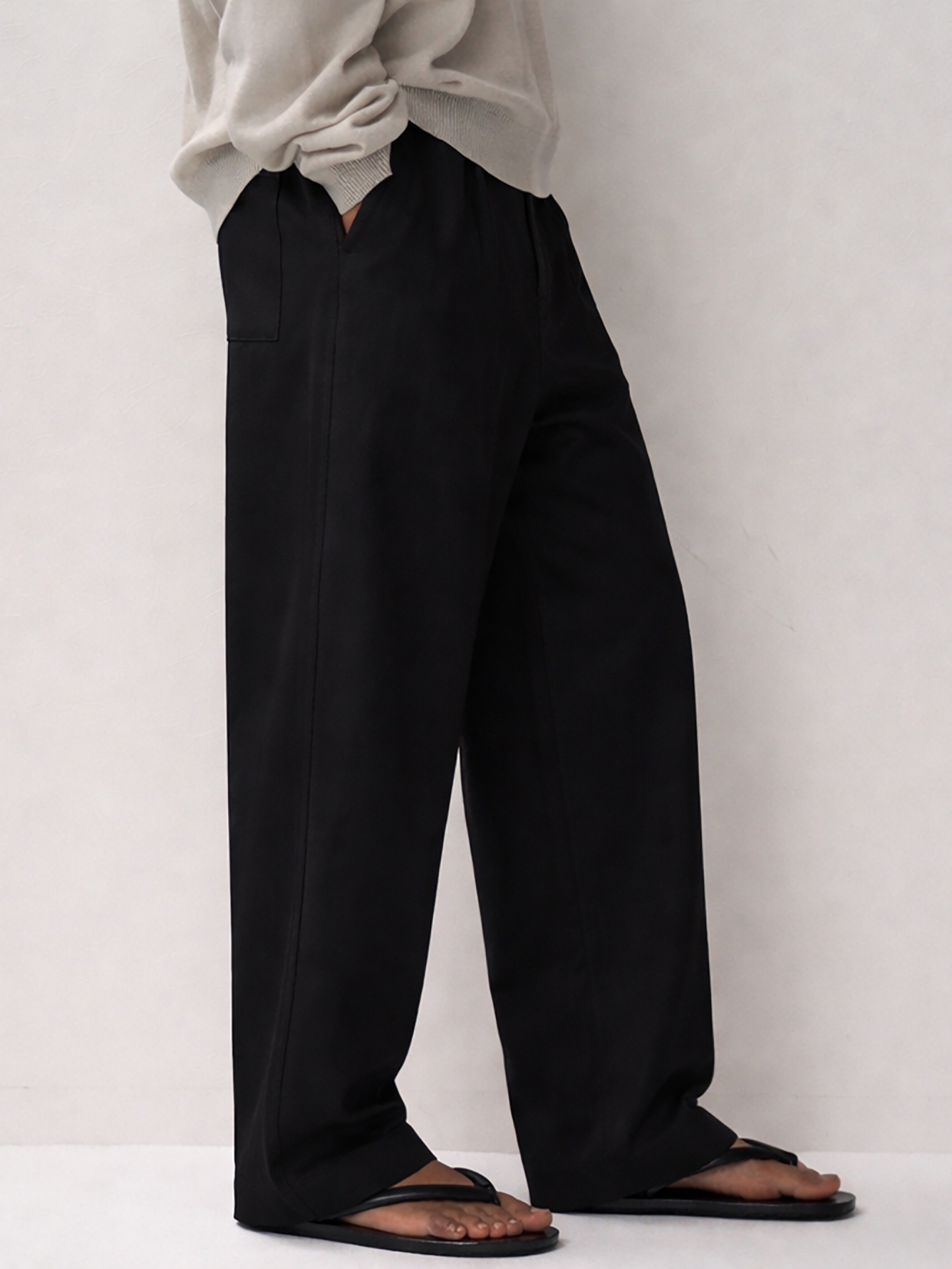 ATON Washed Twist Cotton Tuck Wide Pants Black