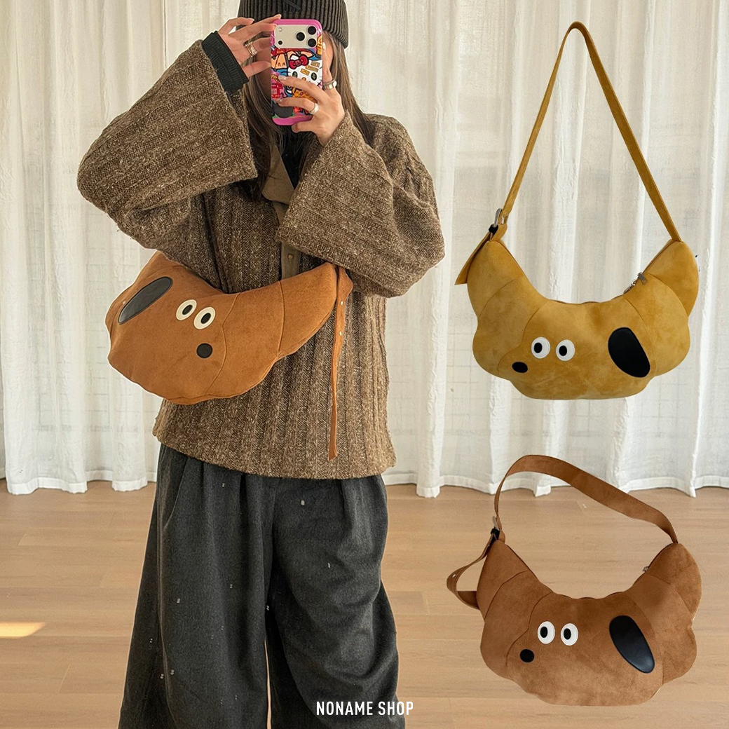 CILINPARK 絨面 刺繡 大容量 臘腸狗 牛角包 HOBO包 兩色