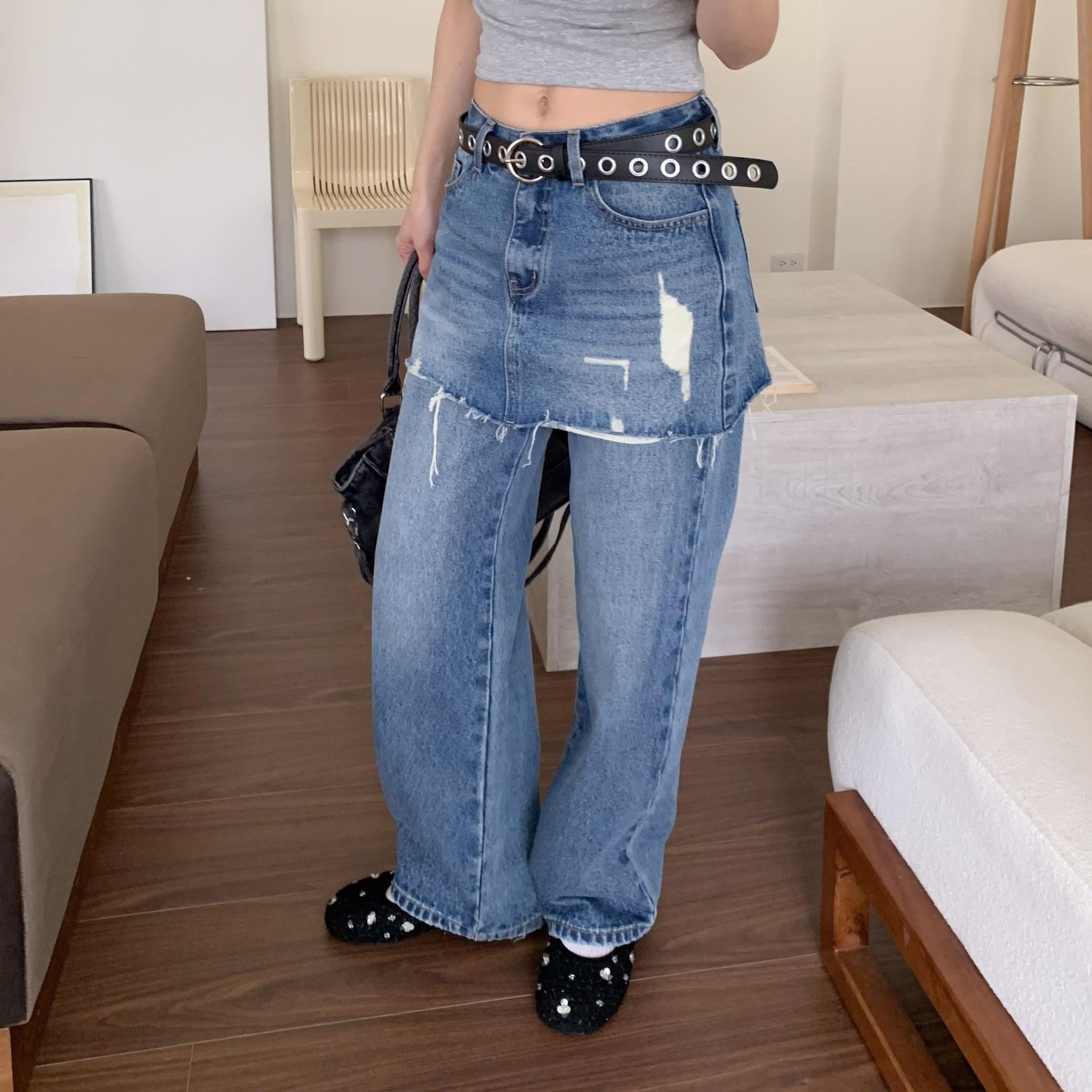 ISA_不費力層次感 超時髦片裙抽鬚牛仔褲_63019