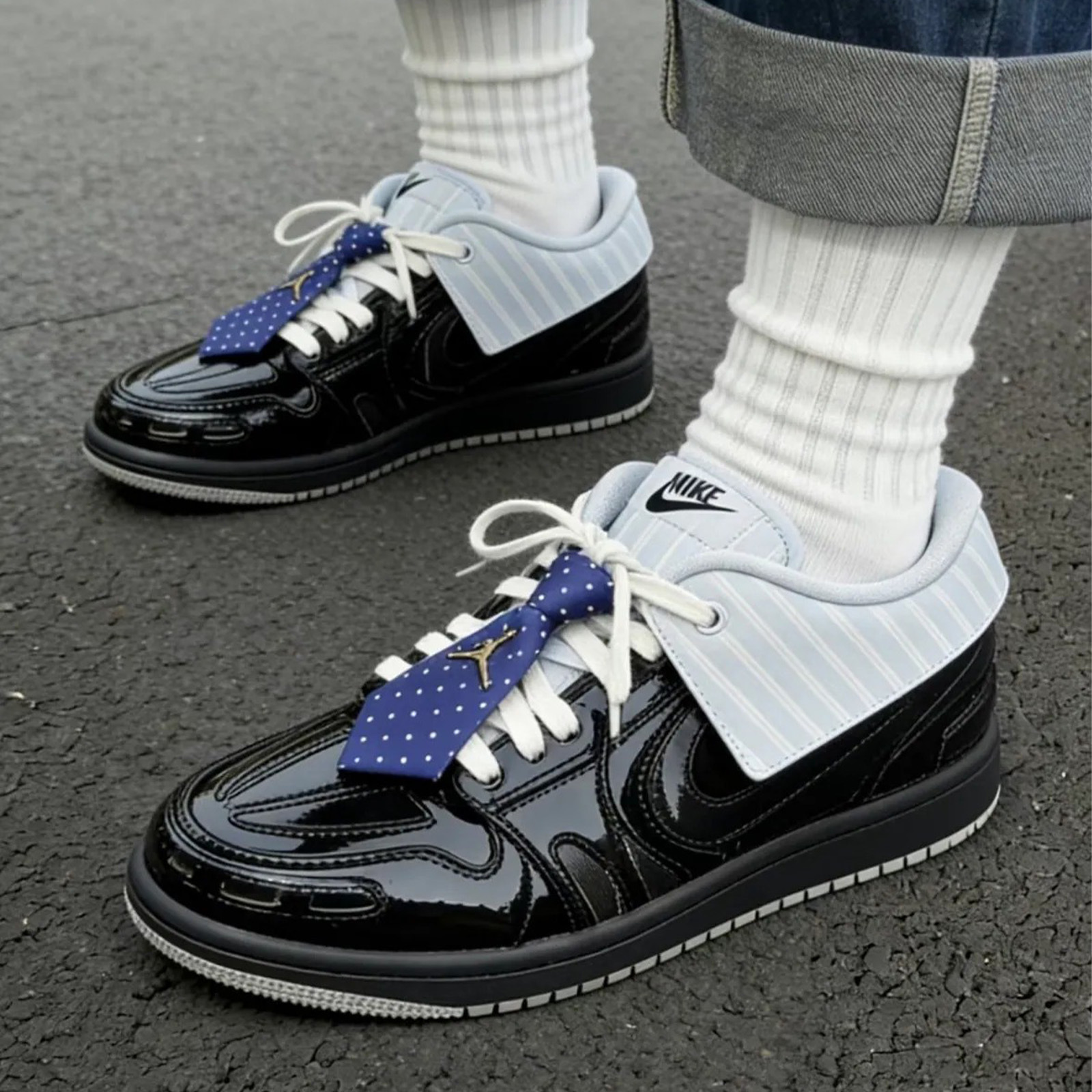 Nike Air Jordan 1 MM V3 黑色 領帶 皮革 漆皮 條紋 襯衫 可拆卸 解構 西裝 AJ1 男女休閒鞋 IR7554-001