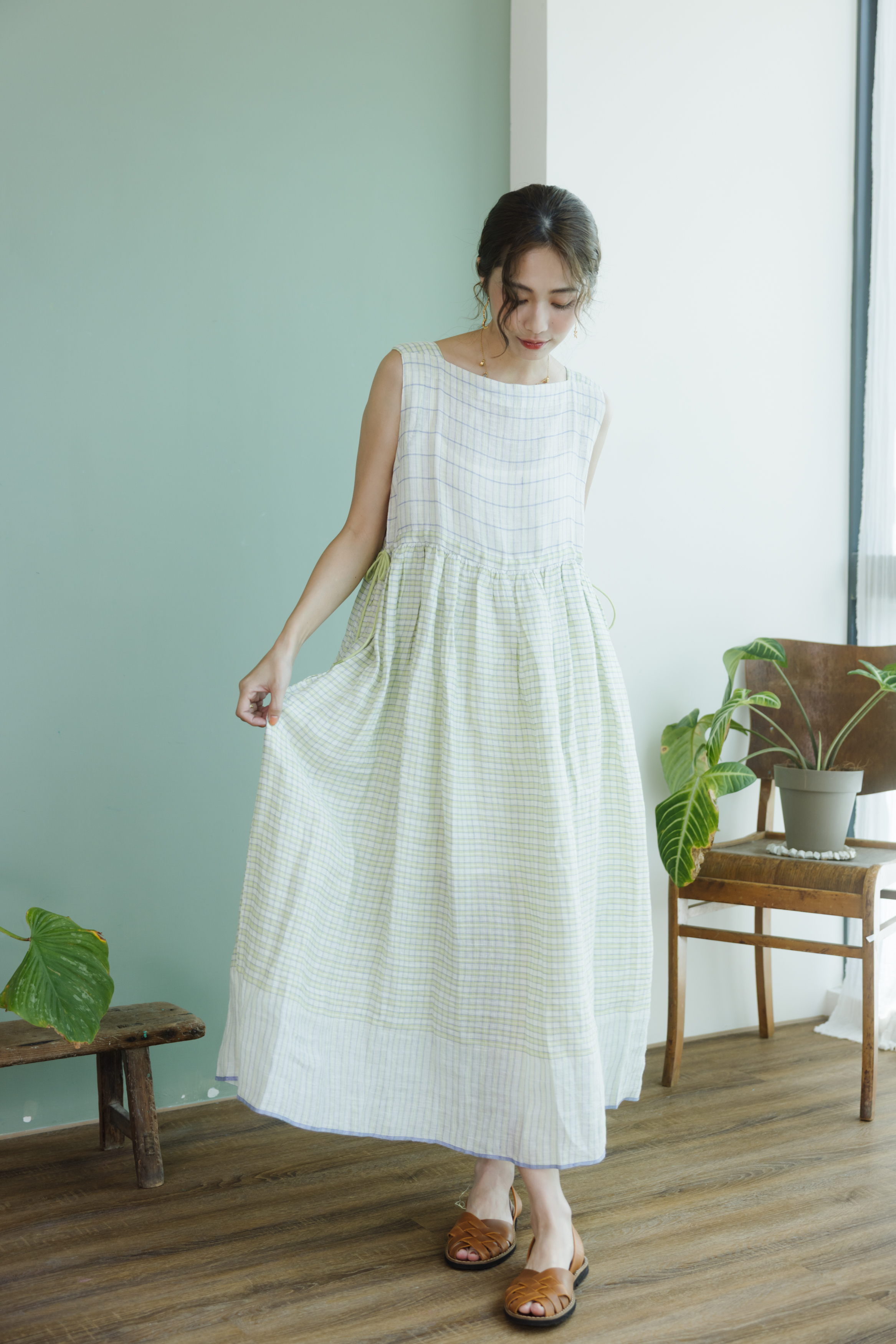 【karnam】方領手工織布亞麻條紋布洋裝_黃綠