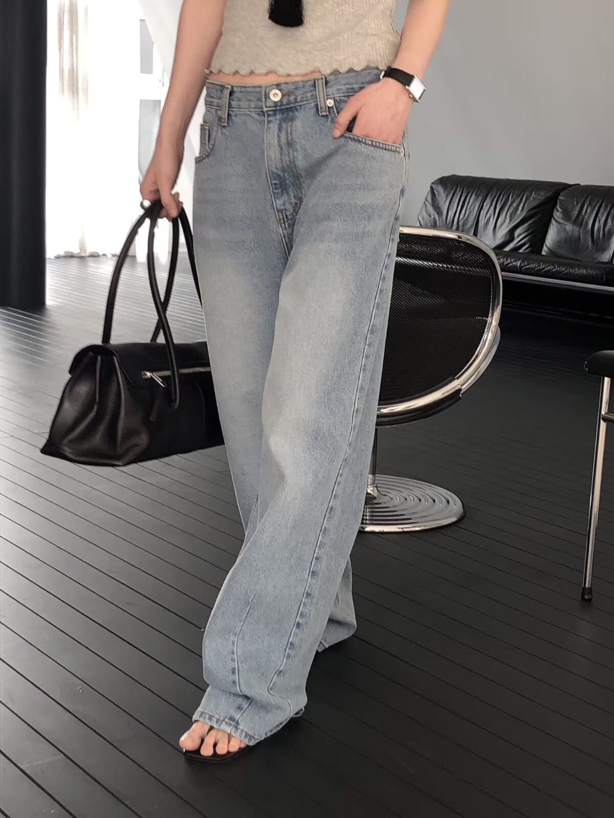 LB6033 臀扣做舊牛仔褲