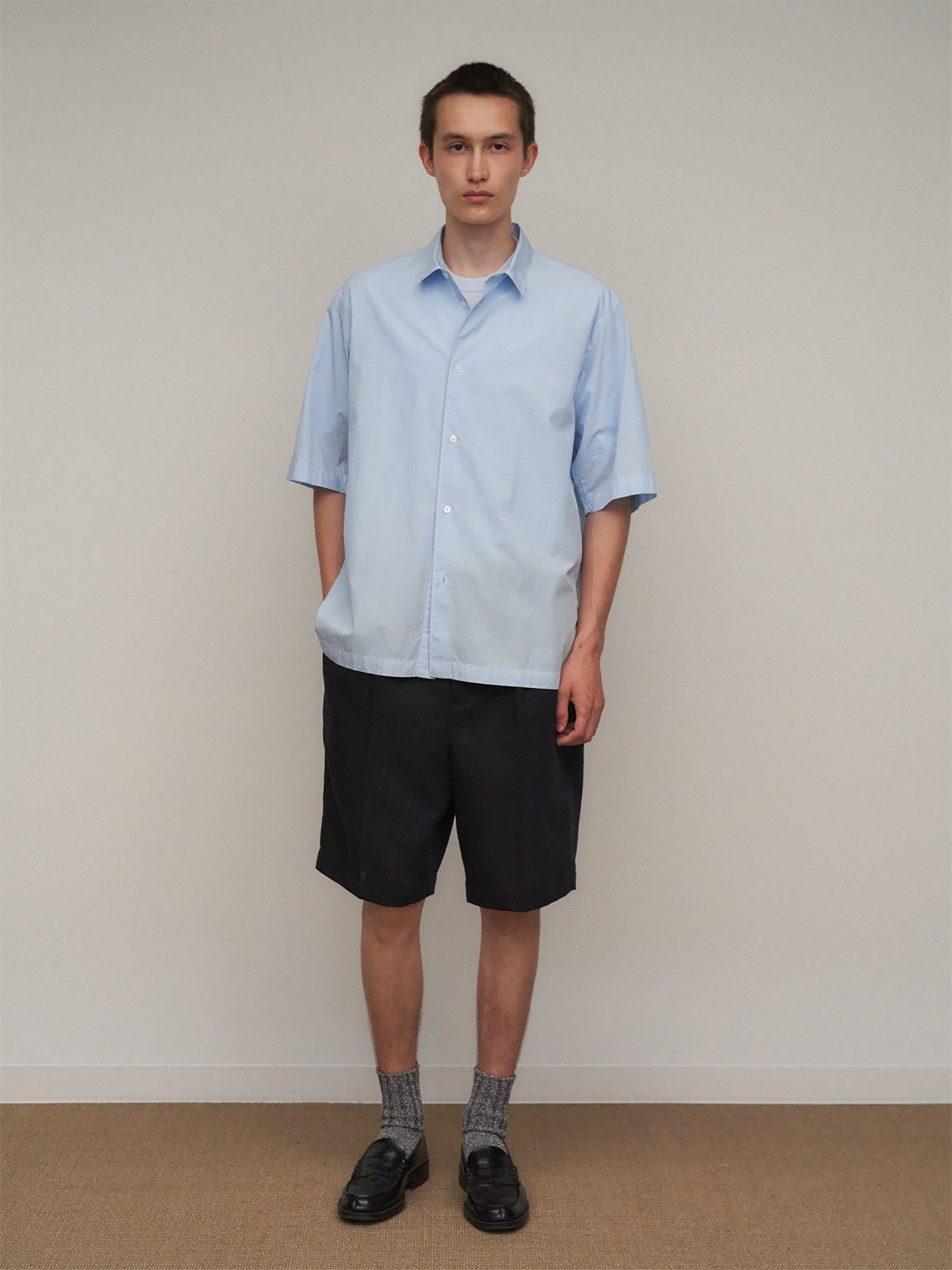 ATON Shrink Cotton Lawn Oversized Half Sleeve Shirt Sax