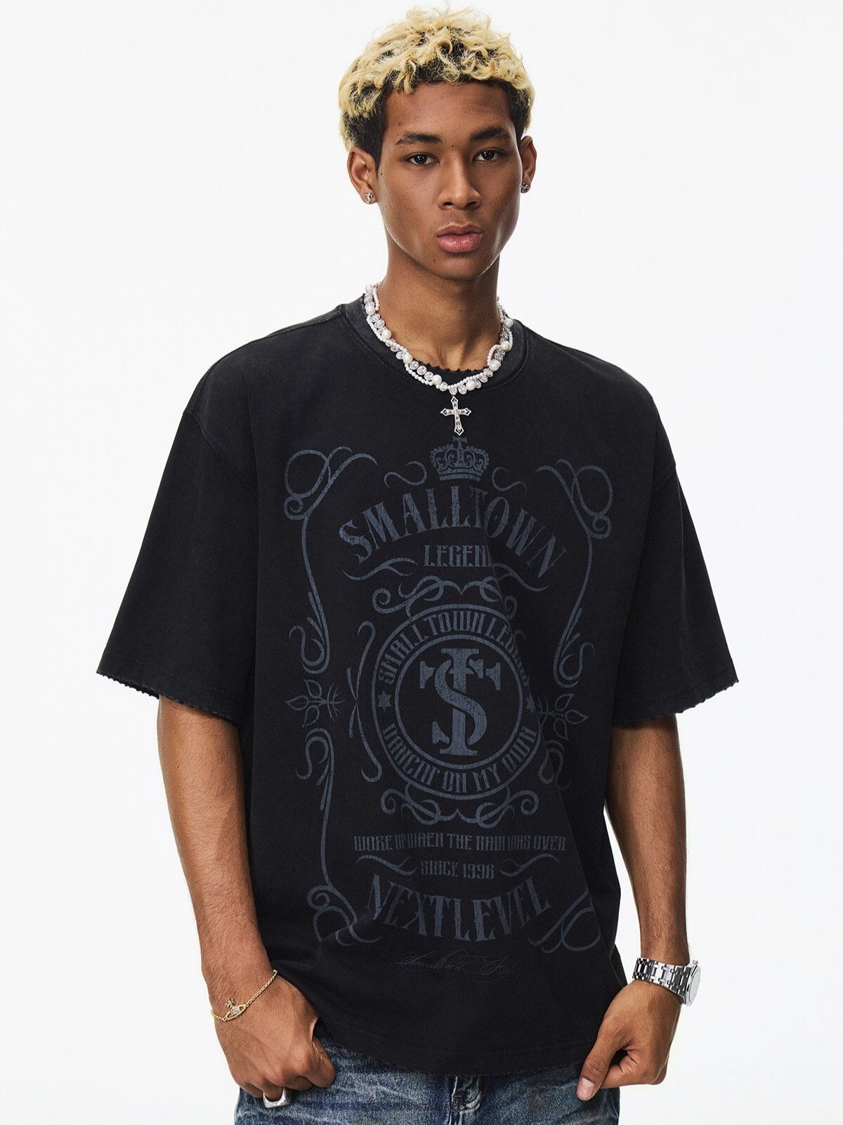 STK SmallTownKid 復古水洗做舊 巴洛克滿版印花 短袖T