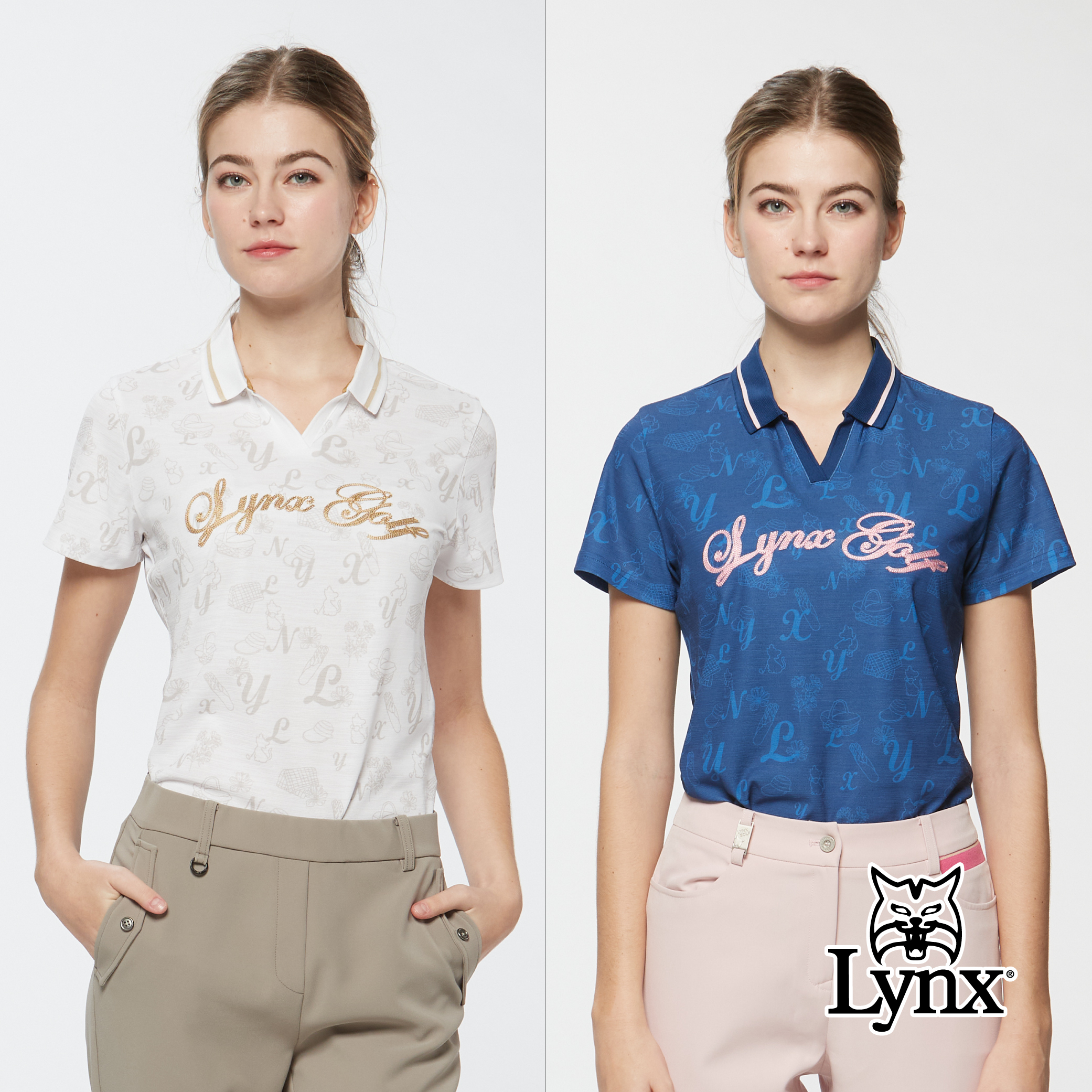 女款吸濕排汗V領雨水絲鎖鏈繡LOGO短袖POLO衫