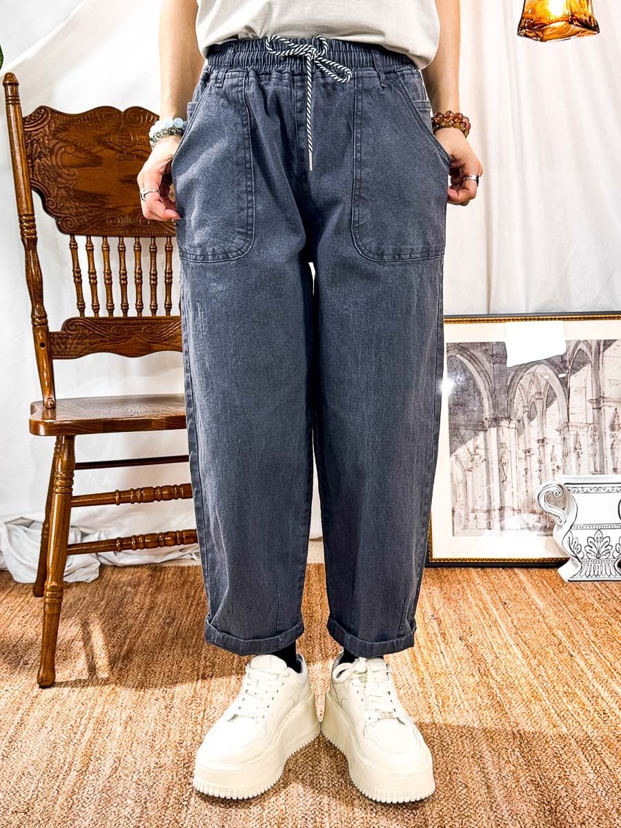 【27/3-29/3限時優惠】橡根腰束繩．扯布料直腳褲 (有袋)