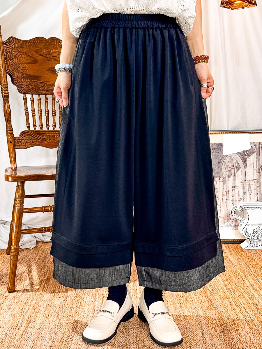 【27/3-29/3限時優惠】橡根腰．兩旁拼色拼布．扯布料 拼 雙面料闊褲 (有袋)