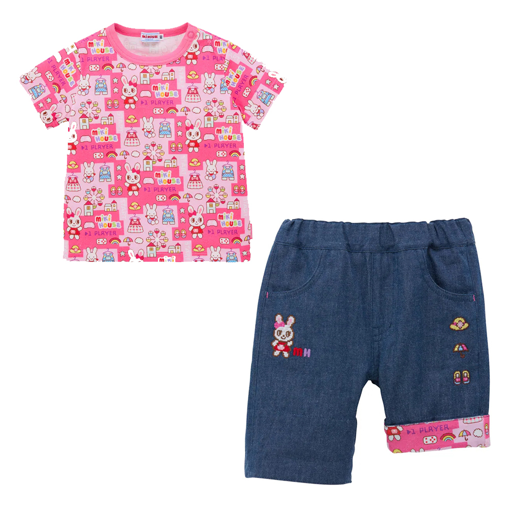 舞颯兔滿版像素風遊戲短袖T恤+七分褲-粉色