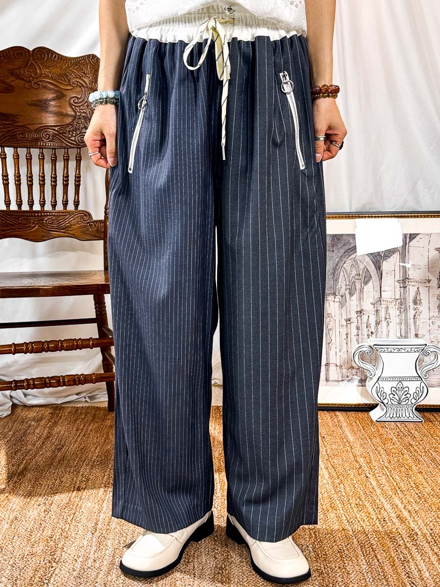 【27/3-29/3限時優惠】橡根腰束繩．腰位拼色．粗幼直紋滑滑料直腳褲 (有袋)