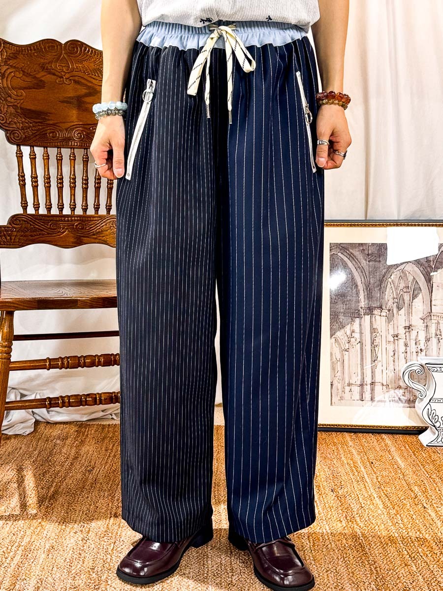 【27/3-29/3限時優惠】橡根腰束繩．腰位拼色．粗幼直紋滑滑料直腳褲 (有袋)