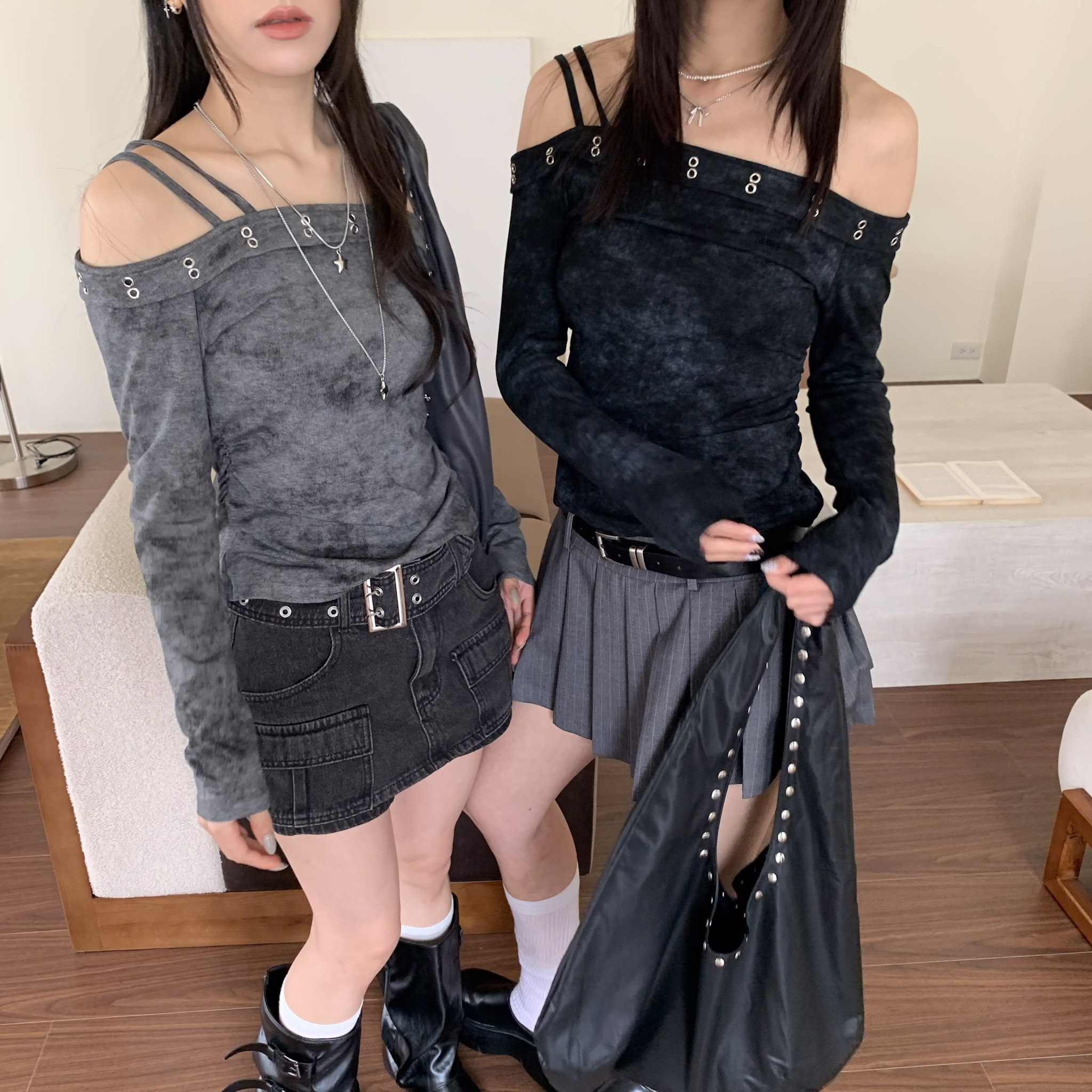 ISA_街頭感韓女 廢土風金屬環一字領上衣_63040