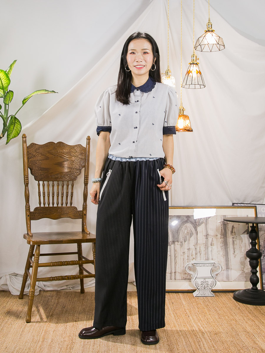 【27/3-29/3限時優惠】全開胸扣鈕．蝴蝶結刺繡．直紋麻棉料TOP