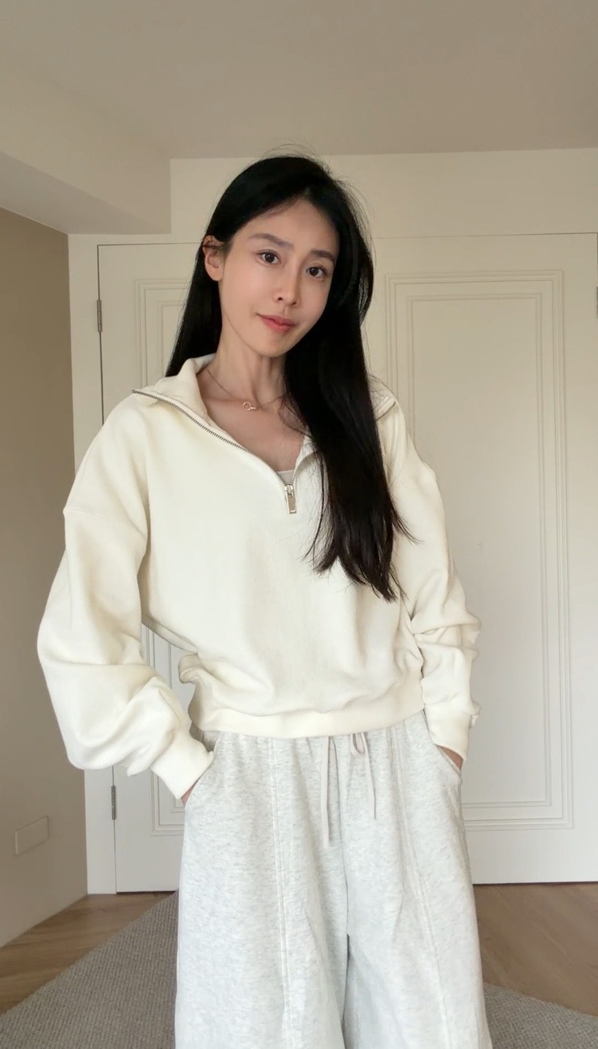 ｜韓國｜奶油慵懶半拉鍊上衣