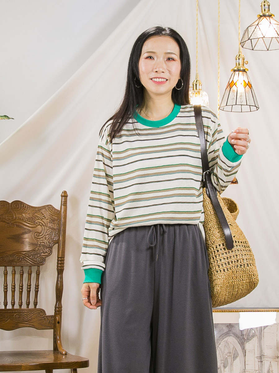 【27/3-29/3限時優惠】領位 袖口羅紋．拼色橫間竹節料TOP