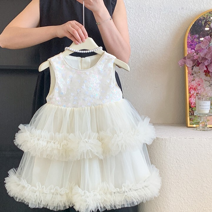 蝴蝶亮片雙層抓紗洋裝 2色 90-130cm #T62060