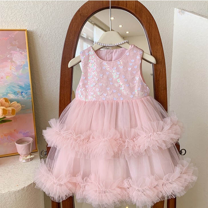 蝴蝶亮片雙層抓紗洋裝 2色 90-130cm #T62060