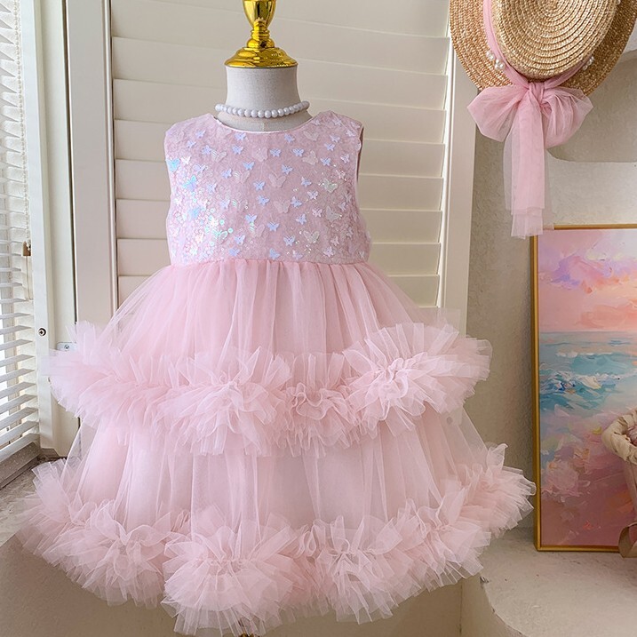 蝴蝶亮片雙層抓紗洋裝 2色 90-130cm #T62060