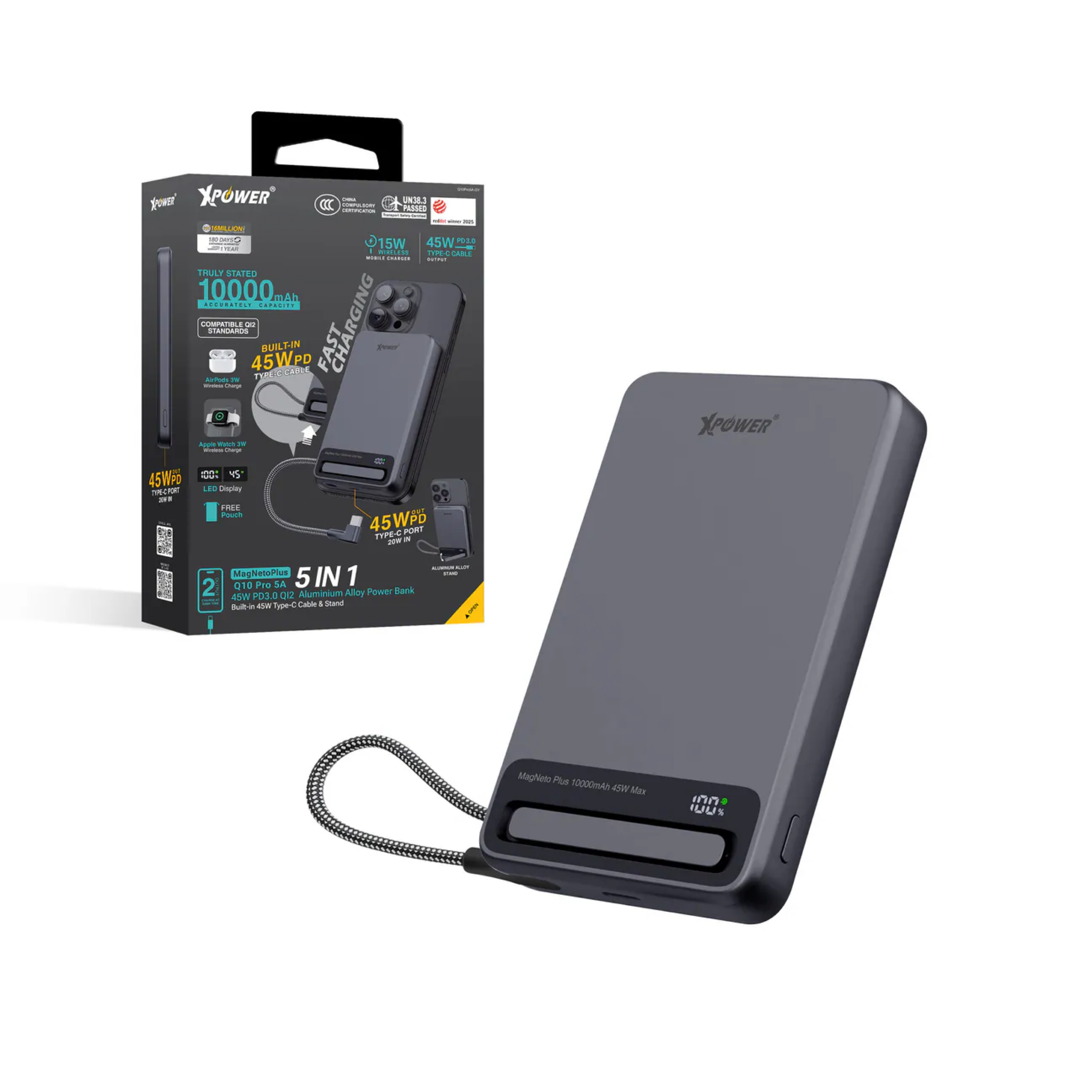 XPower MagNeto Plus Q10 Pro 10000mAh 45W PD3.0 支架內置線及數顯QI2磁吸移動電源 (CCC 認證可追溯二維碼)