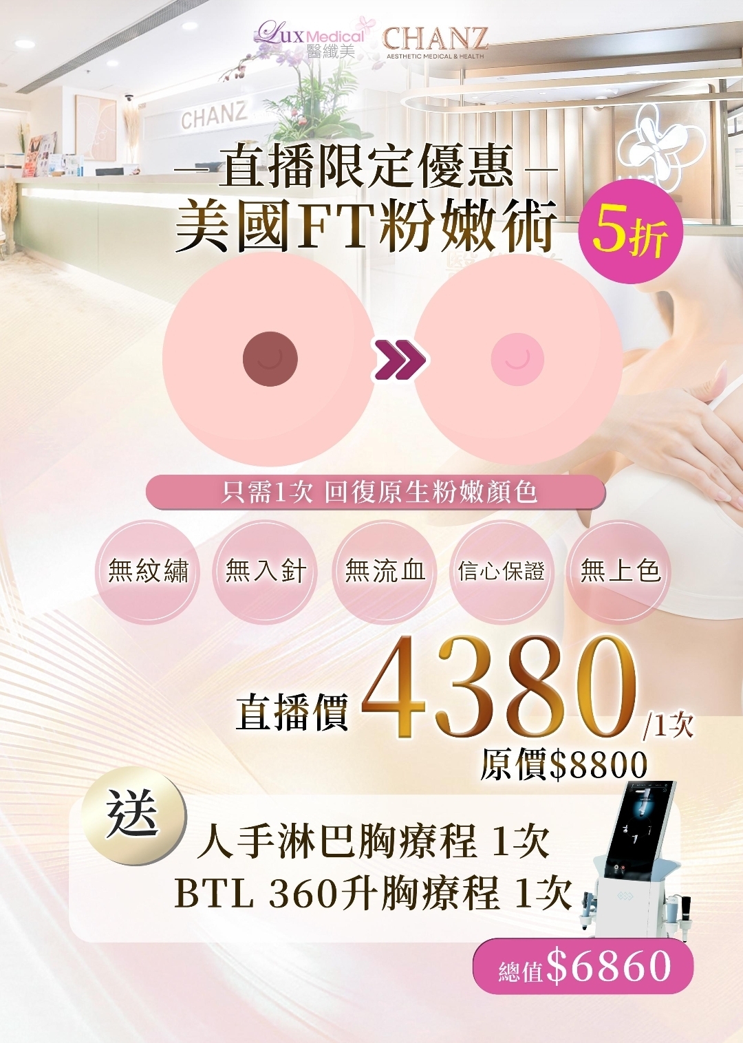 CF7712  美國🇺🇸FT粉嫩乳暈術🌸一次，直播價 $4,380（原價$8,800）