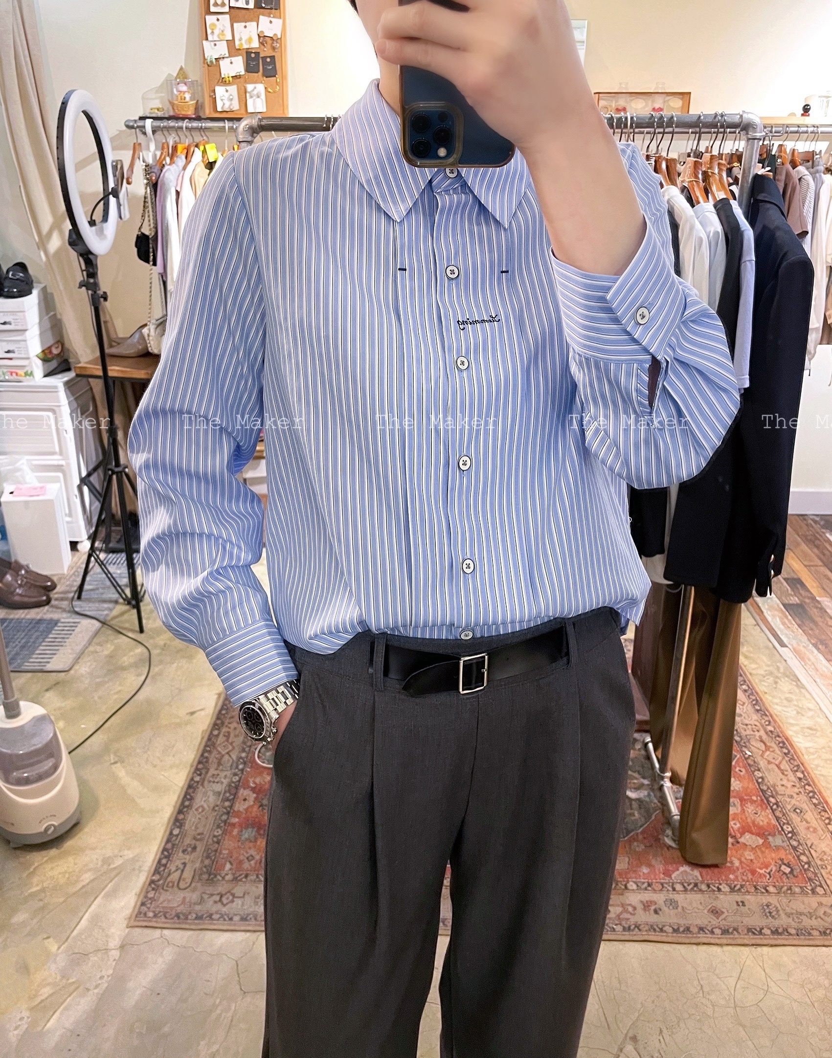 🩵 男友風繡字間條恤衫 🩵