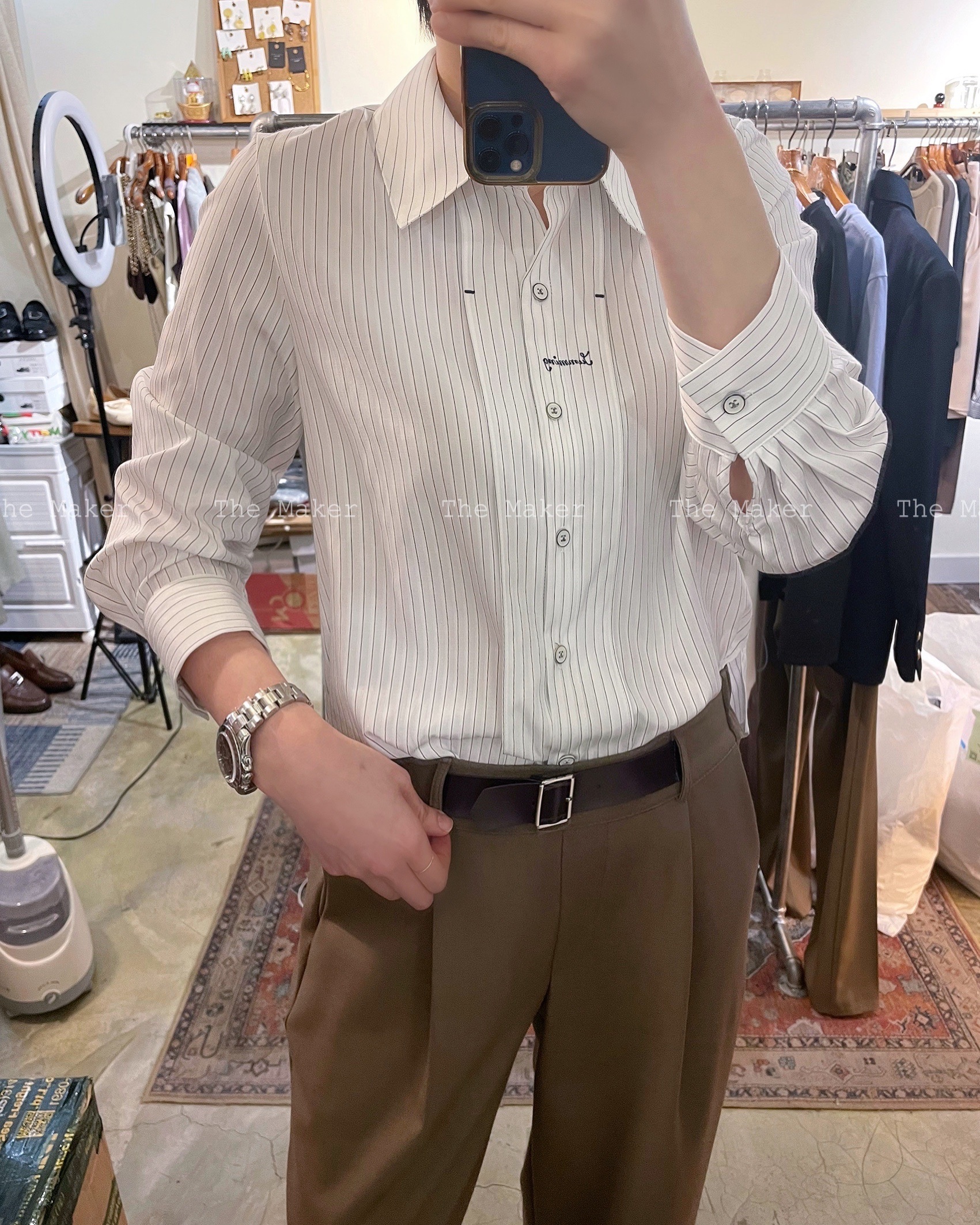 🩵 男友風繡字間條恤衫 🩵